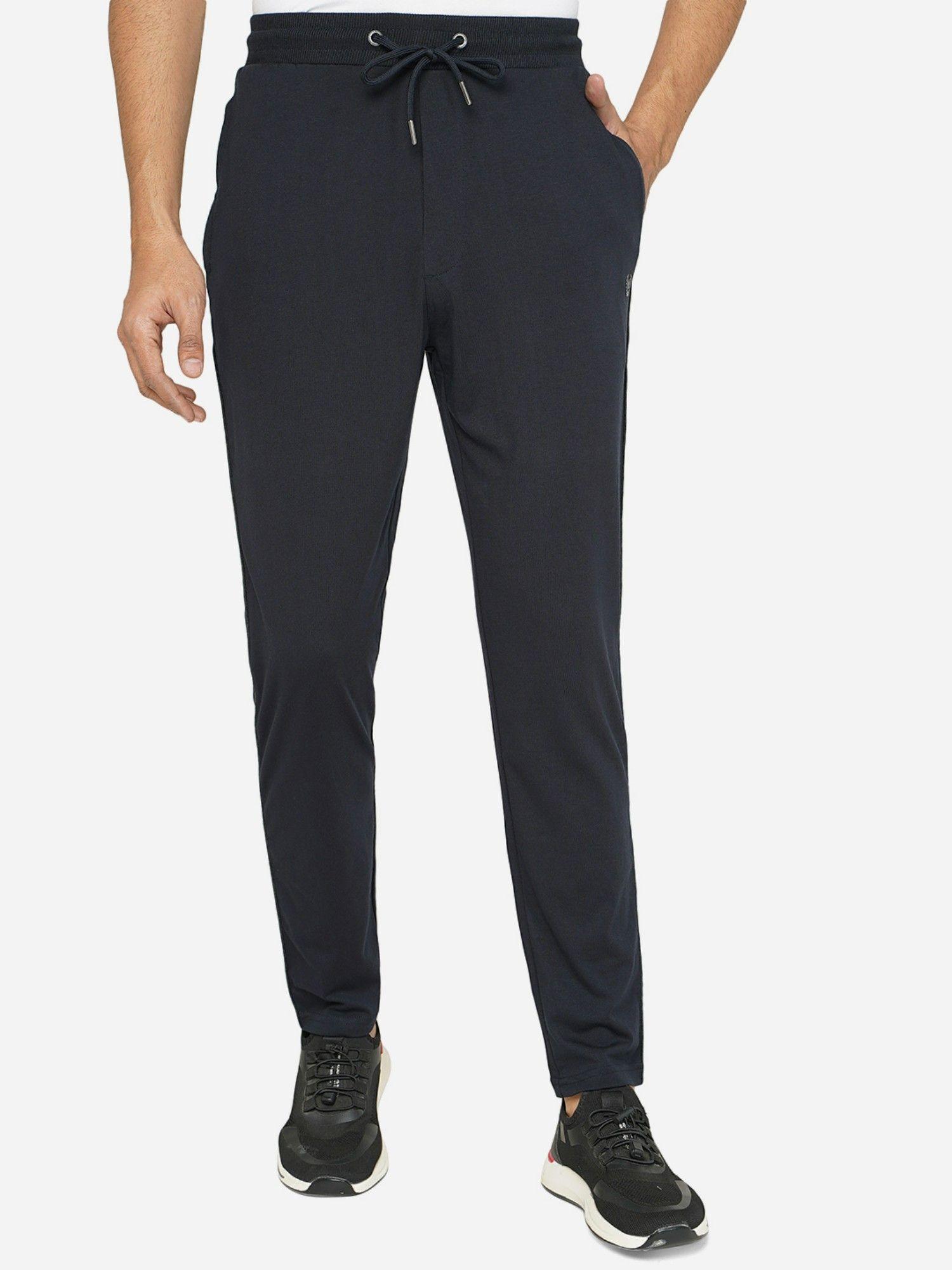 men navy blue solid regular fit track pant