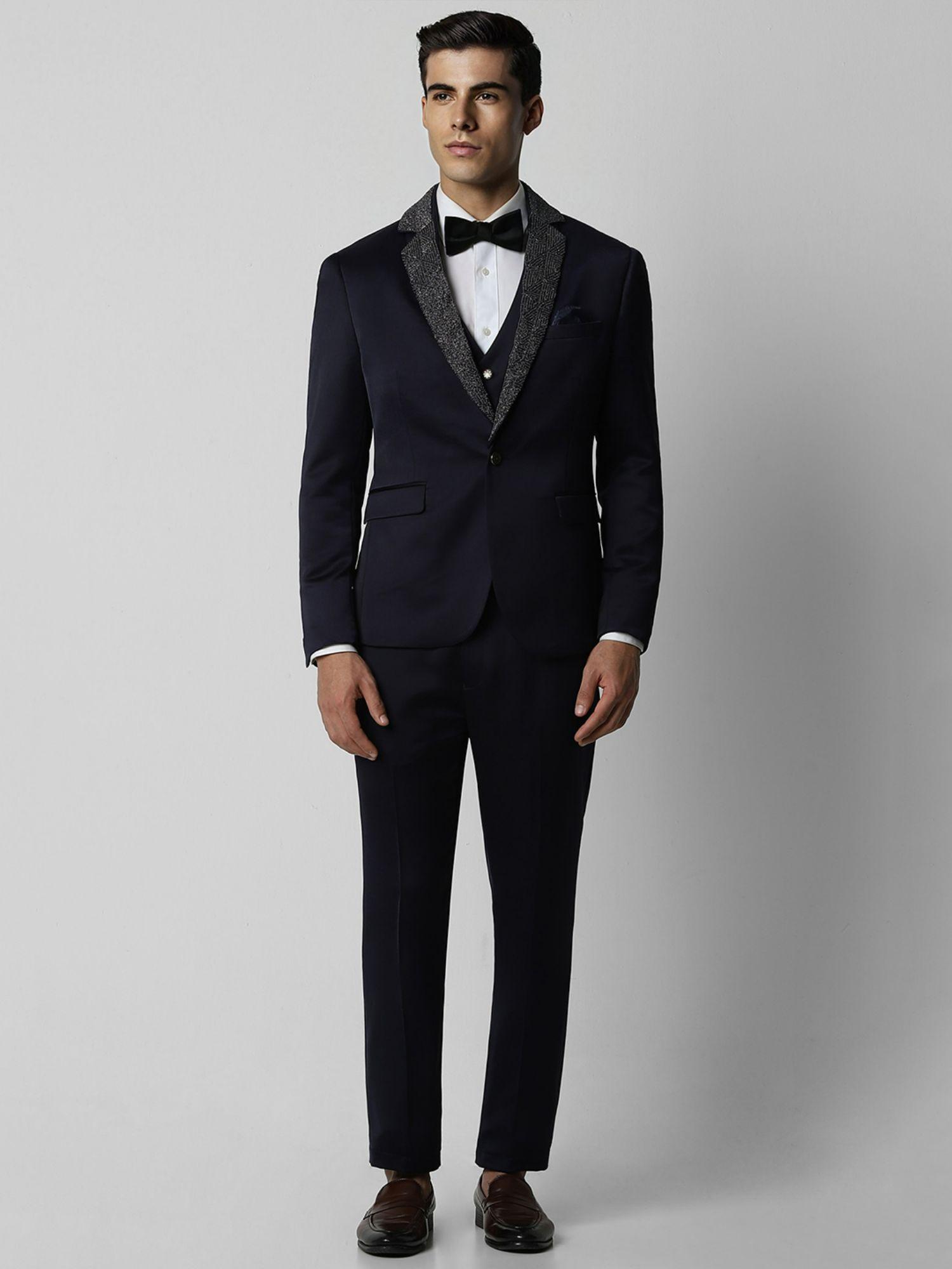 men navy blue solid skinny fit wedding three piece suit (set of 3)