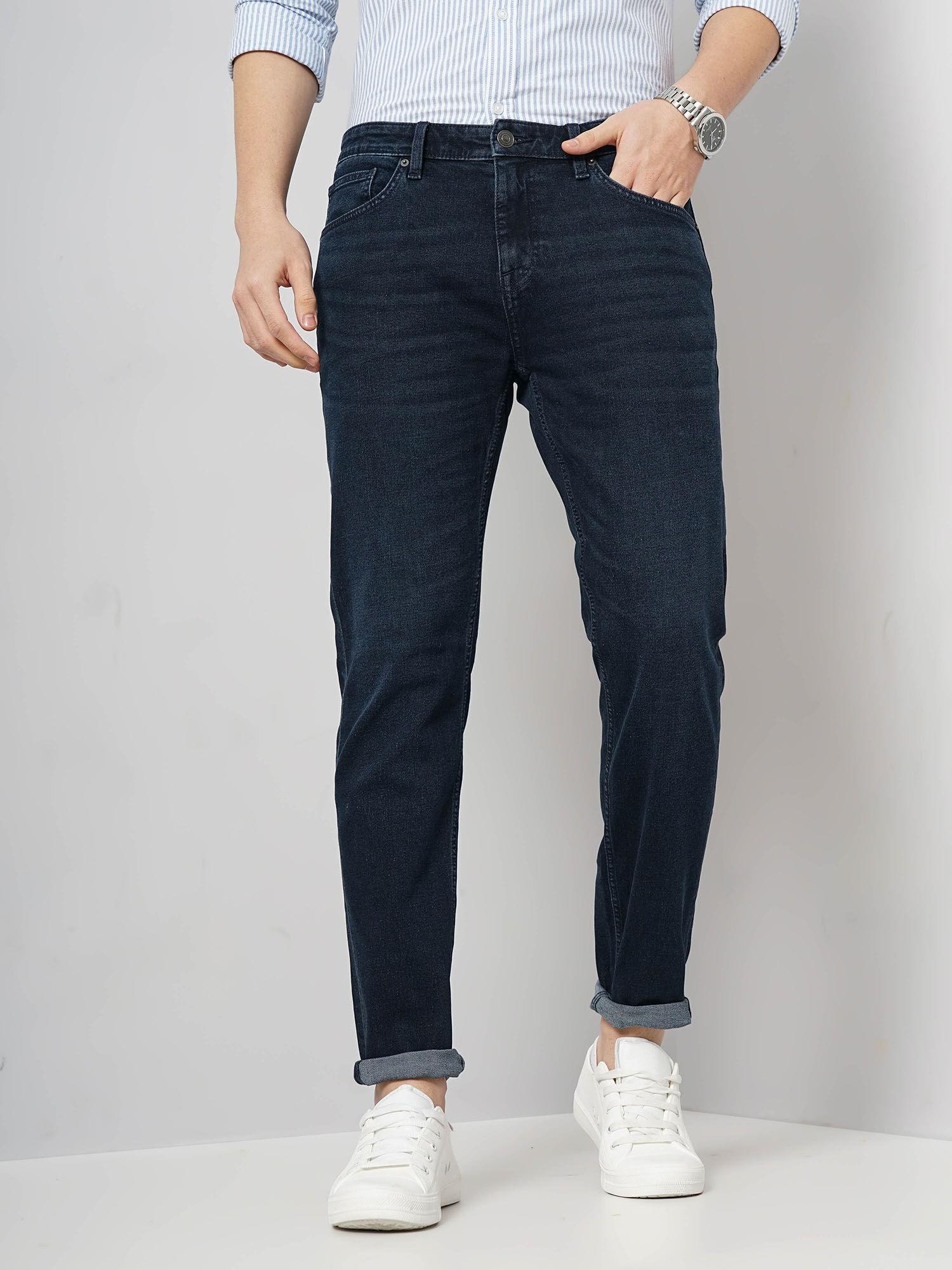 men navy blue solid slim fit cotton stretch twill denim jeans