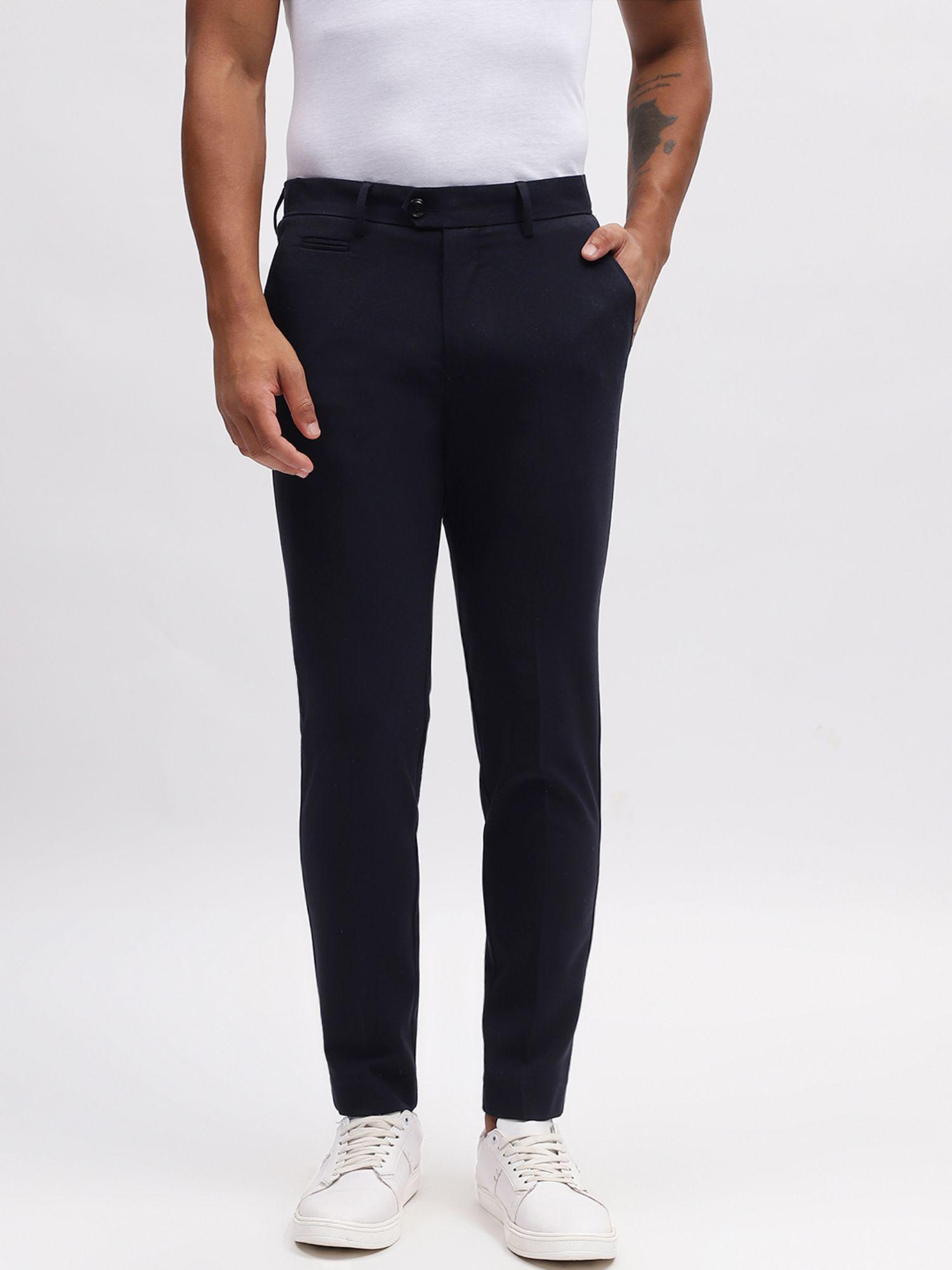 men navy blue solid slim fit trouser