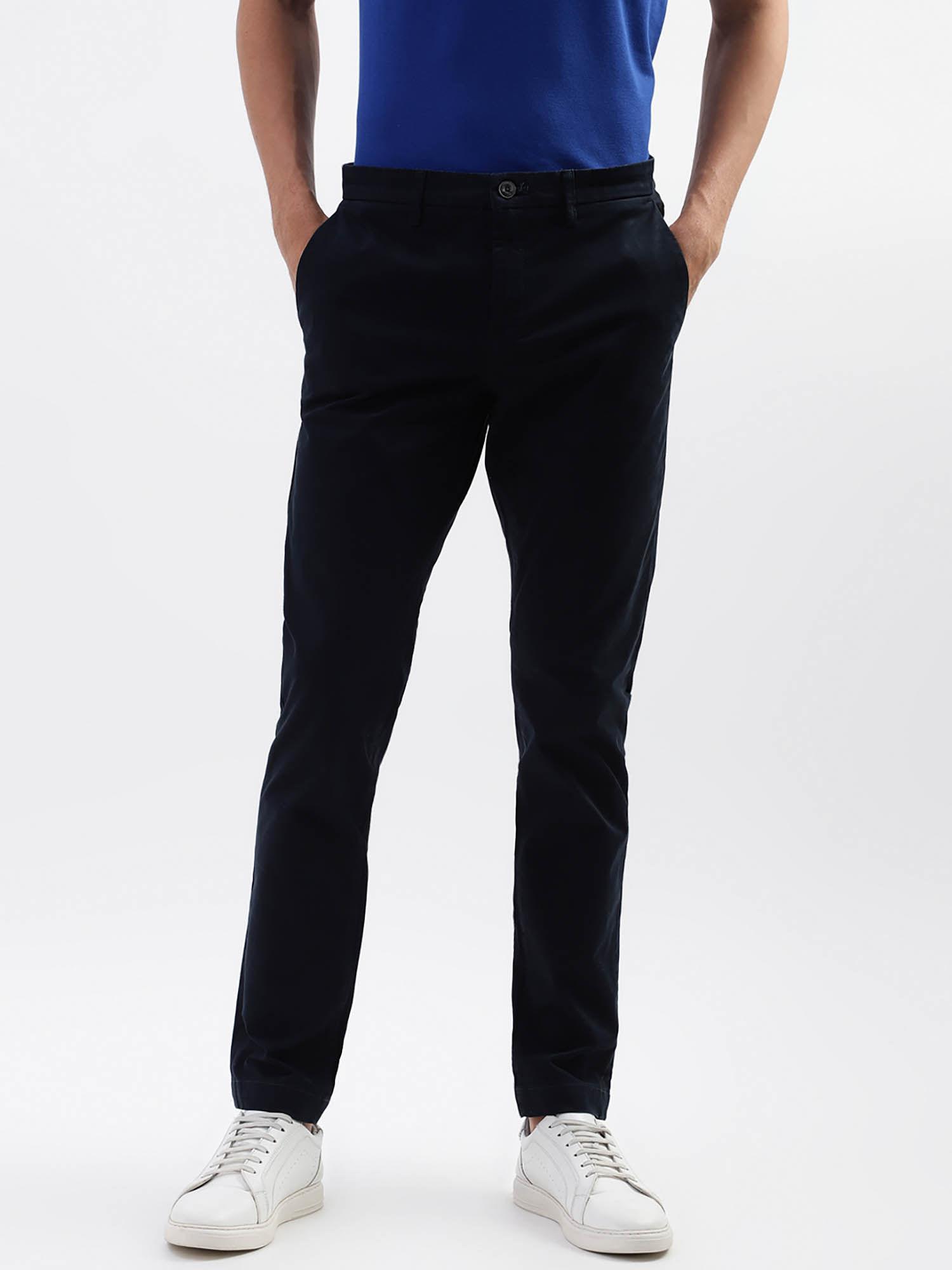 men navy blue solid slim fit trousers