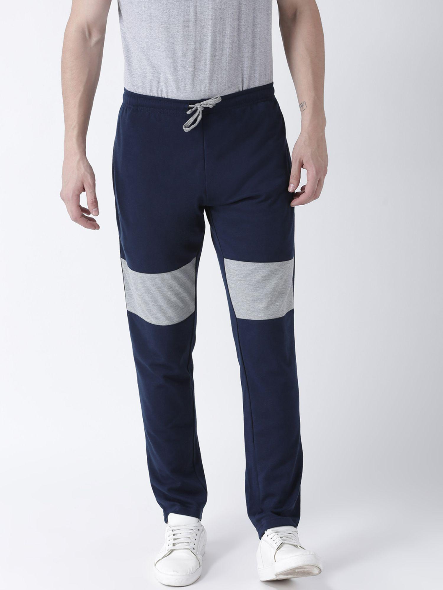 men navy blue solid track pant has contrast cut panel
