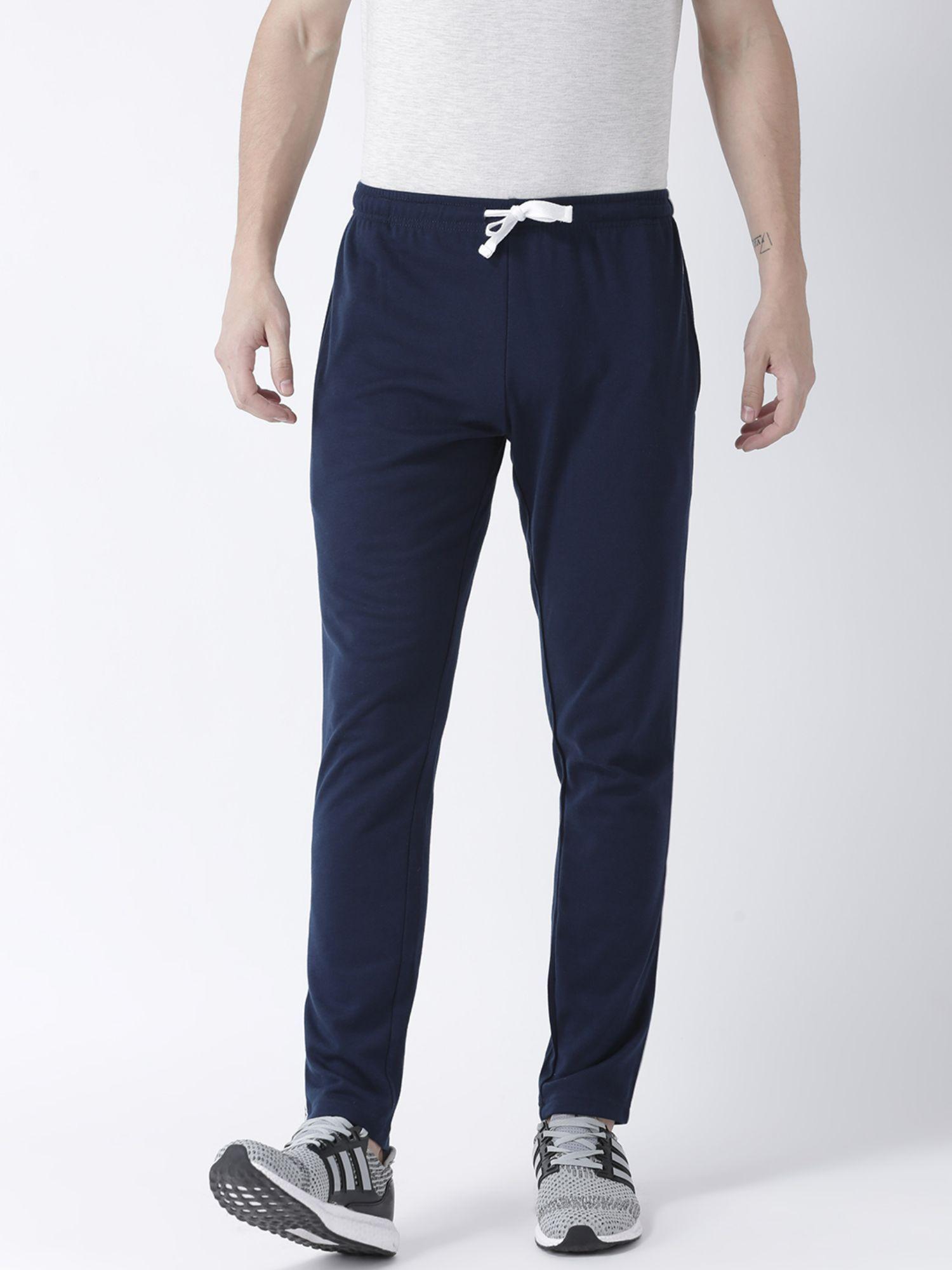 men navy blue solid track pant has side contrast boon