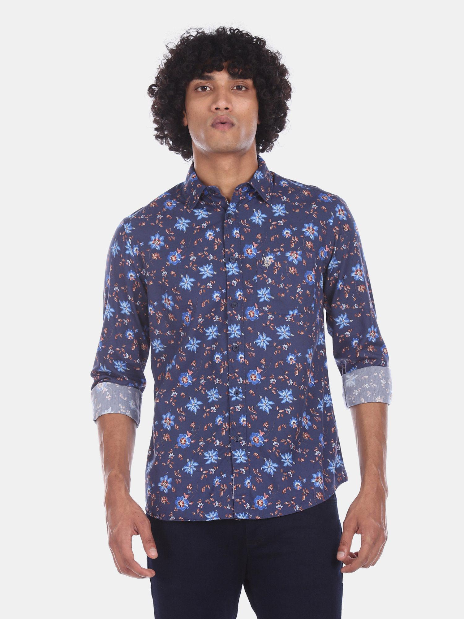 men navy blue spread collar printed casual shirt