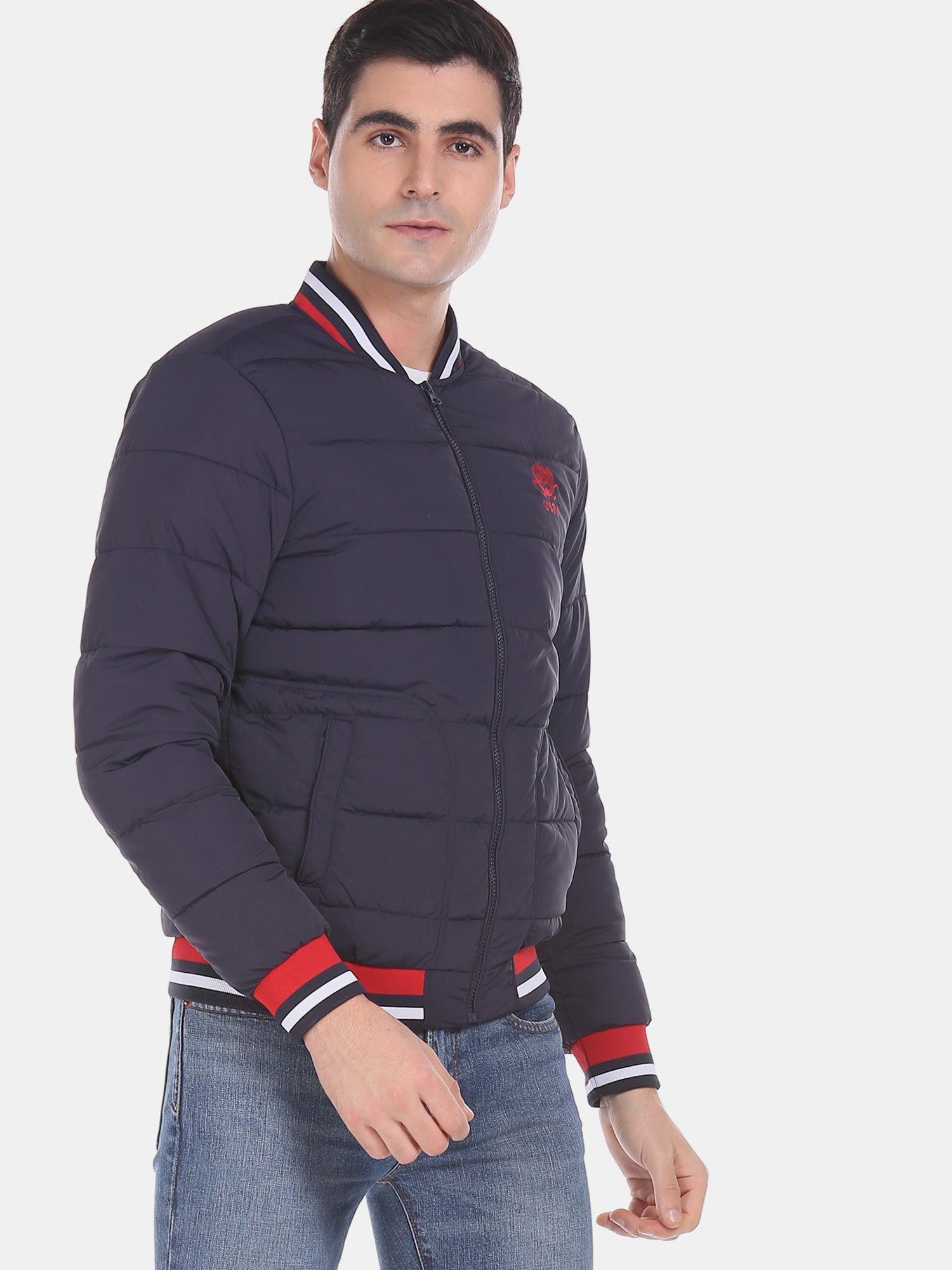 men navy blue stand collar quilted puffer jacket