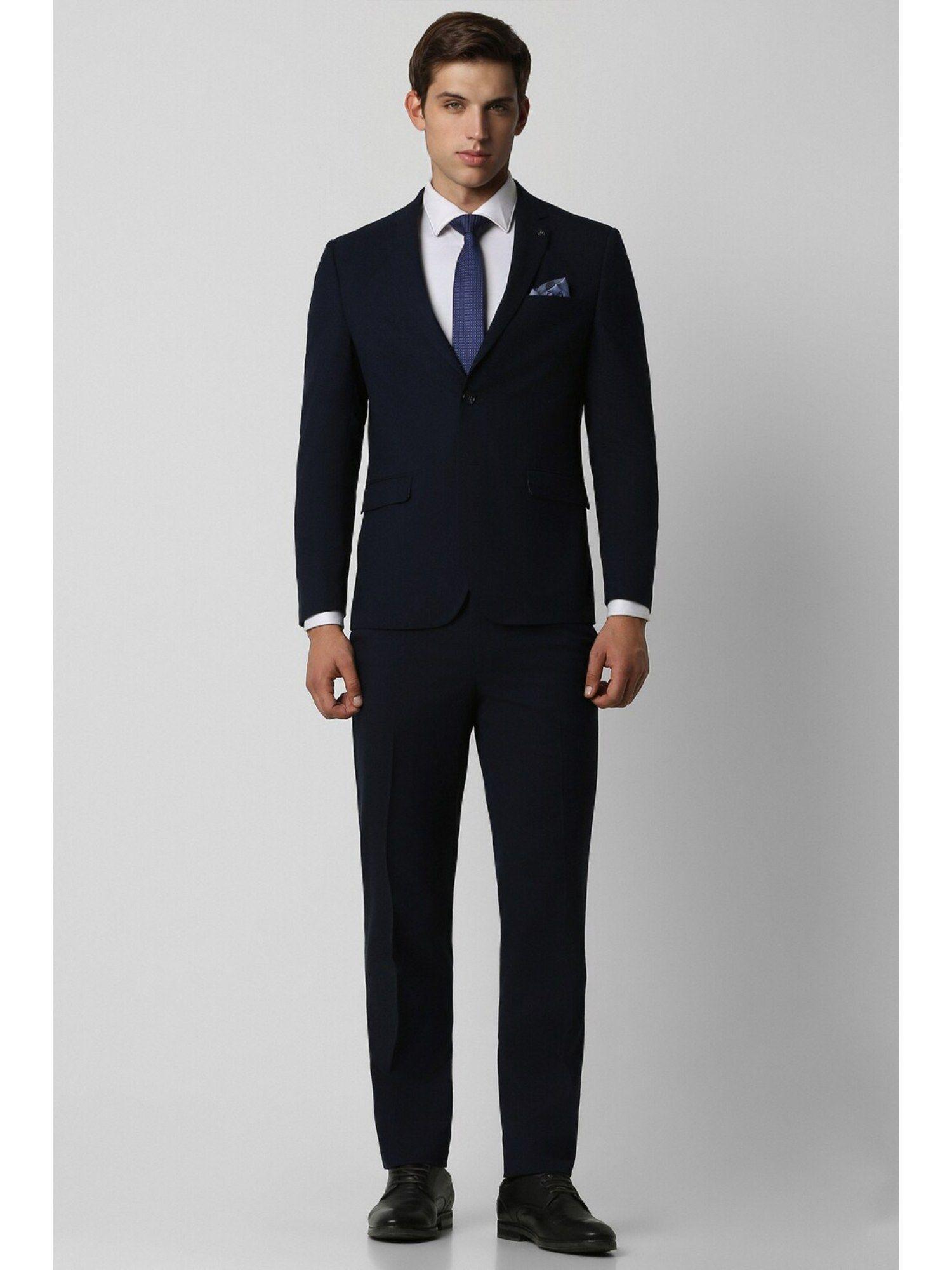 men navy blue stripe slim fit formal two piece suit (set of 2)