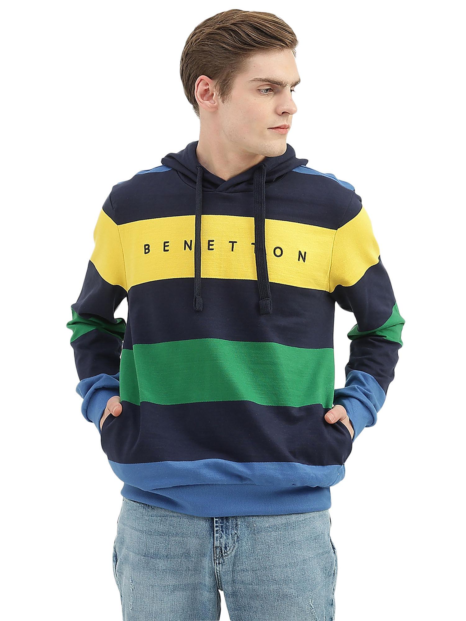 men navy blue striped hooded sweatshirt