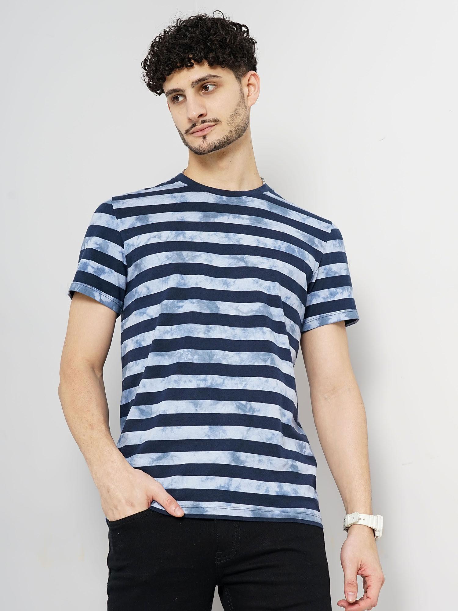 men navy blue striped regular fit cotton fashion t-shirt