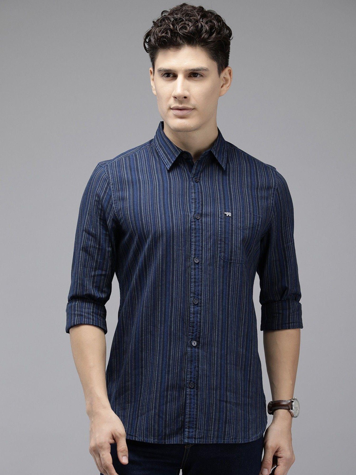 men navy blue striped slim fit cotton casual shirt
