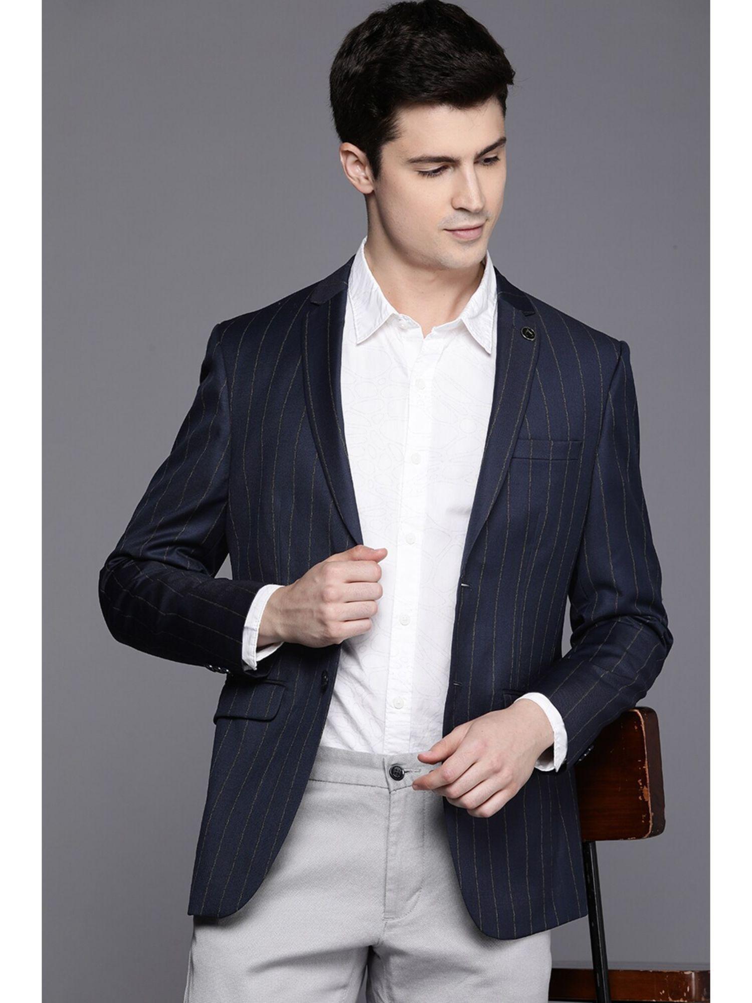 men navy blue stripes full sleeves blazer