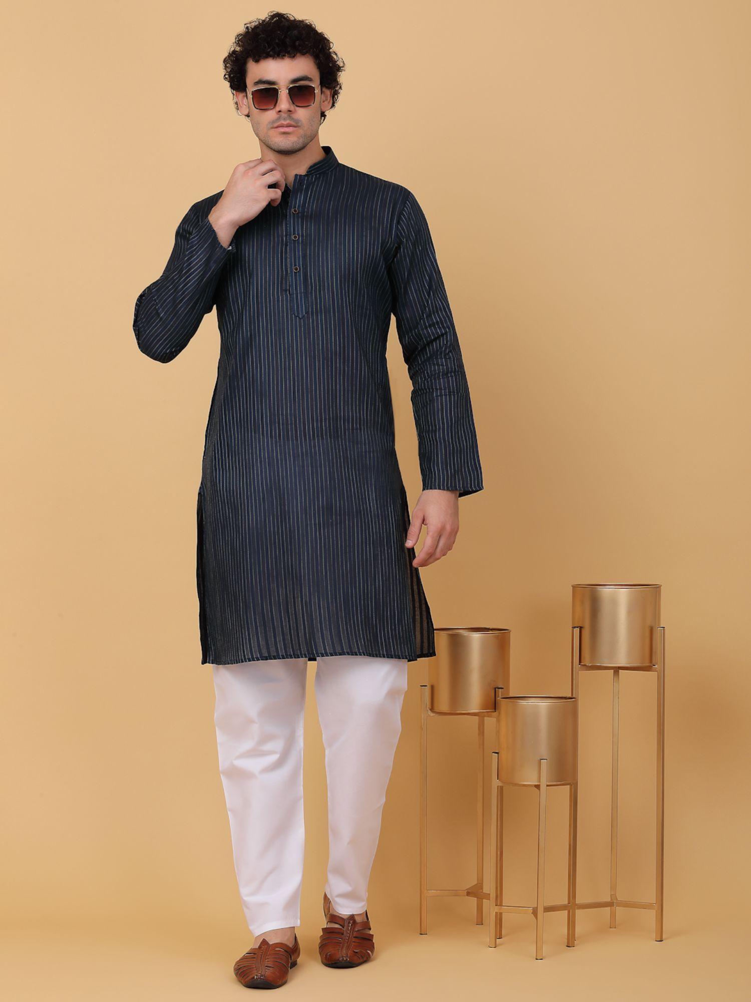 men navy blue stripes pure cotton kurta with pyjamas (set of 2)