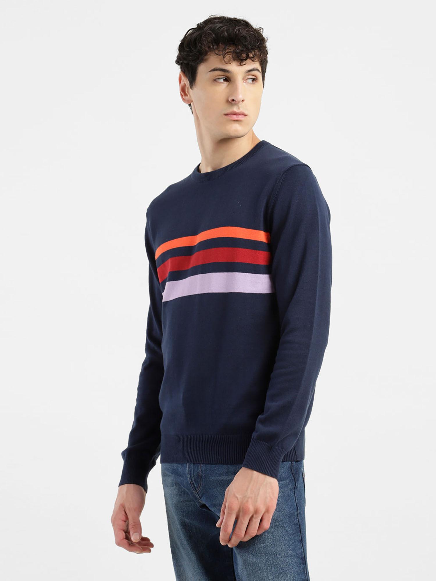 men navy blue stripes regular fit sweater
