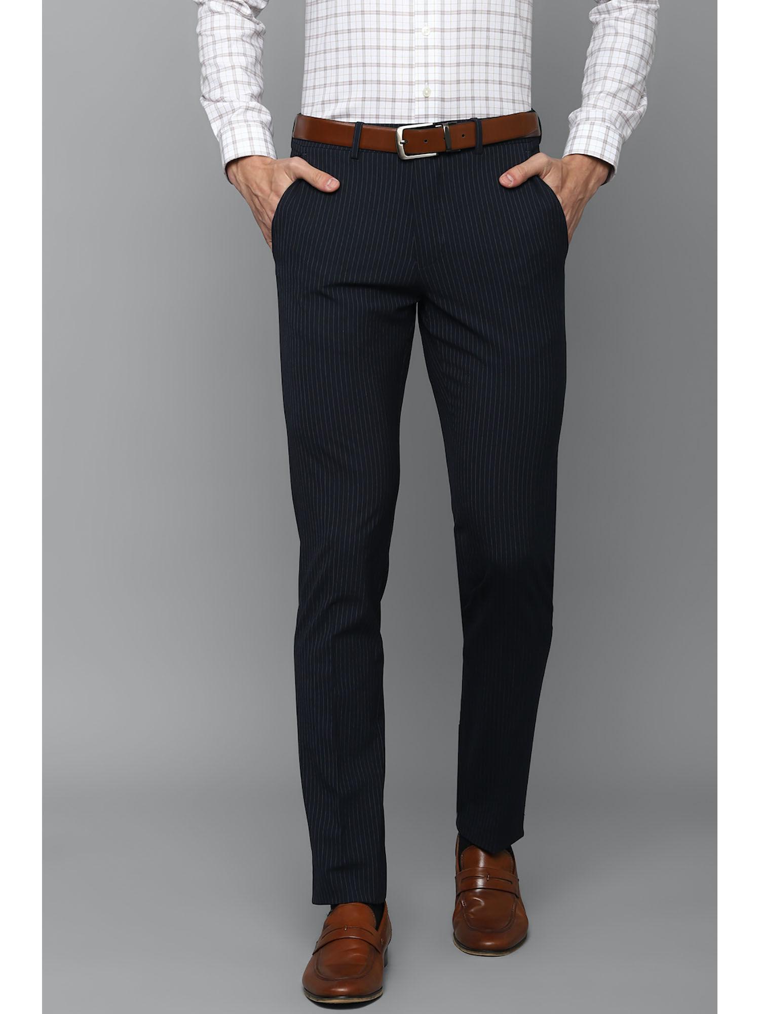men navy blue super slim fit stripe flat front formal trousers