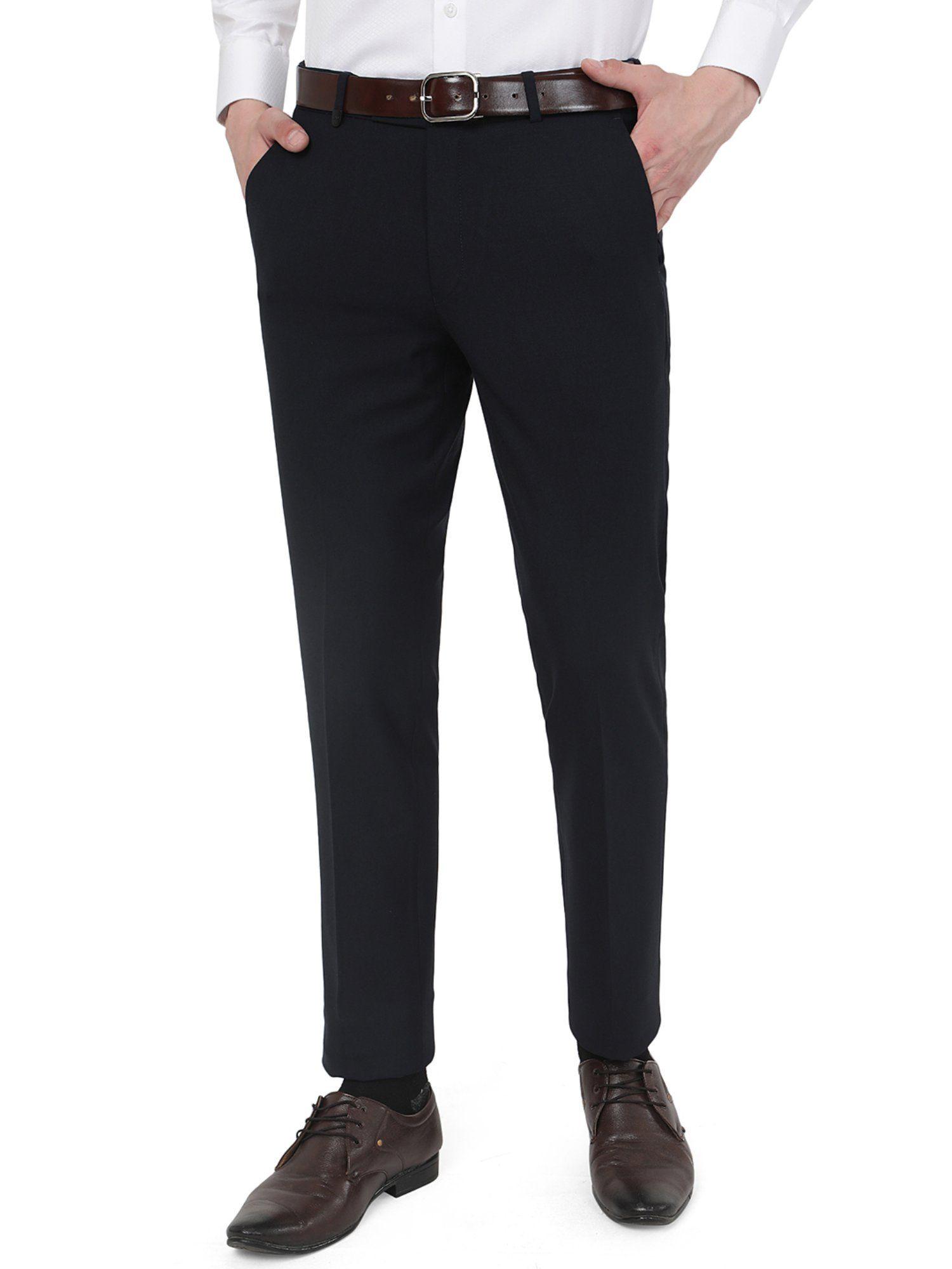 men navy blue terry rayon slim fit solid formal trouser