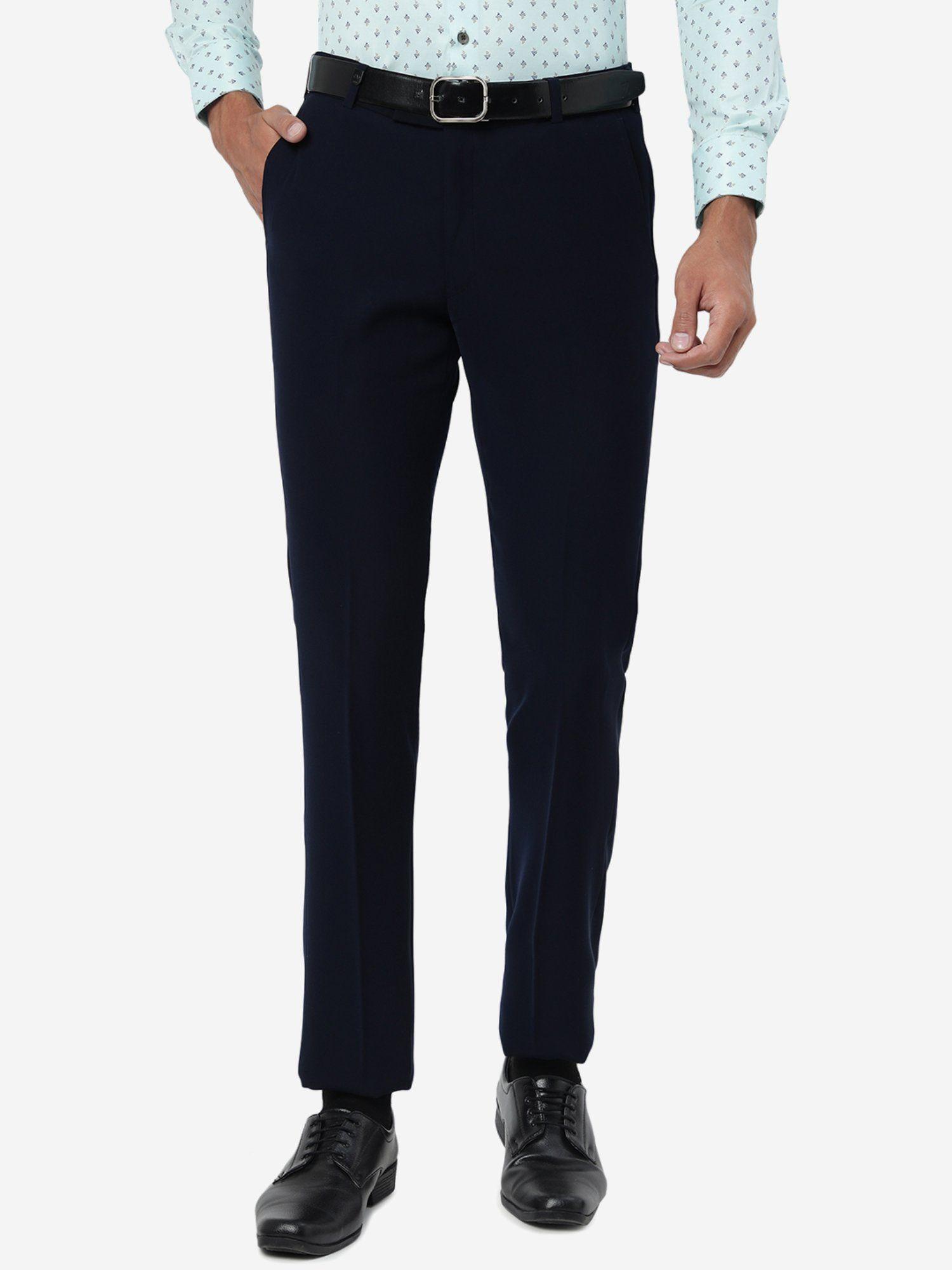 men navy blue terry rayon slim fit solid formal trouser