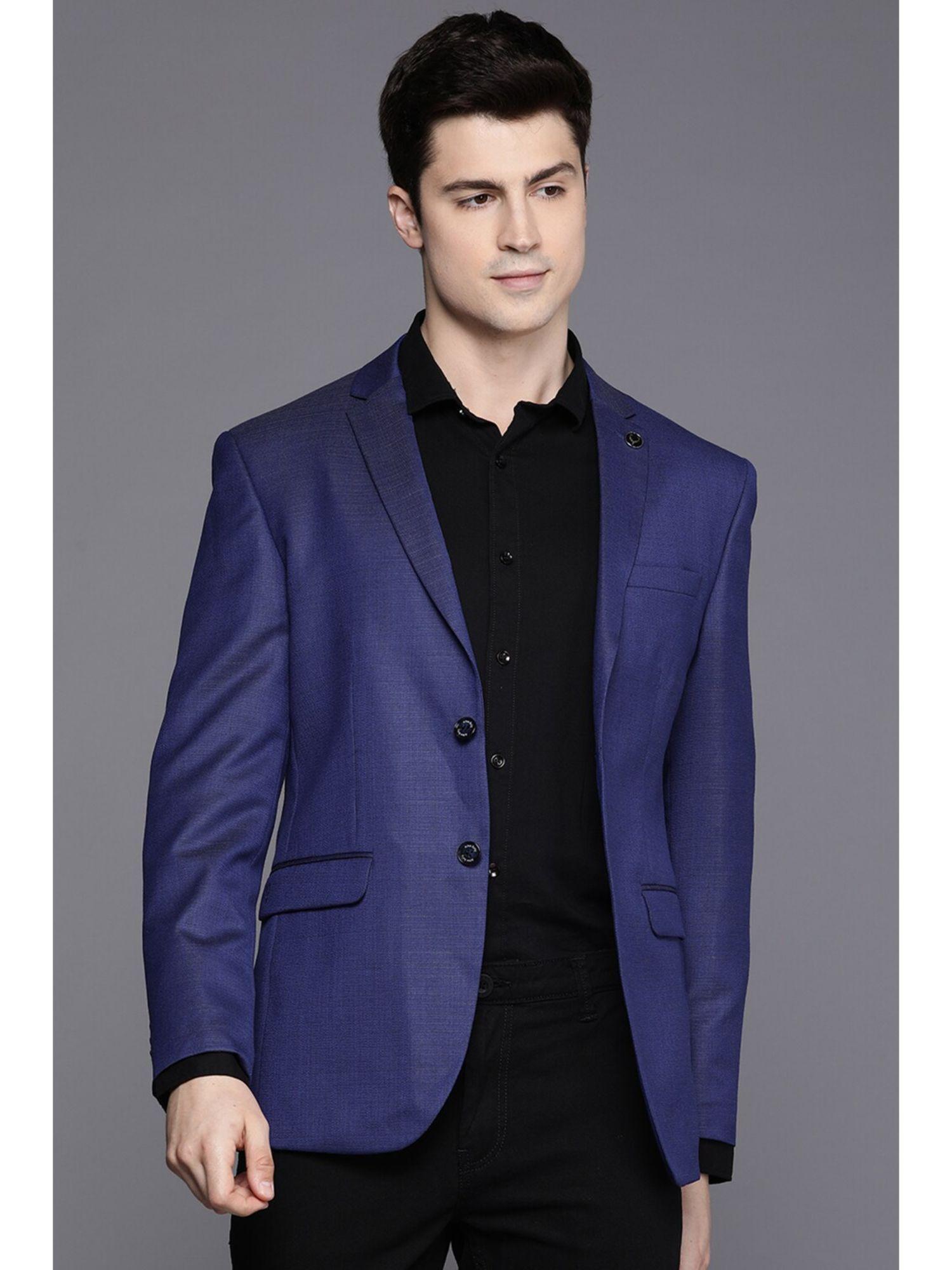 men navy blue textured full sleeves blazer