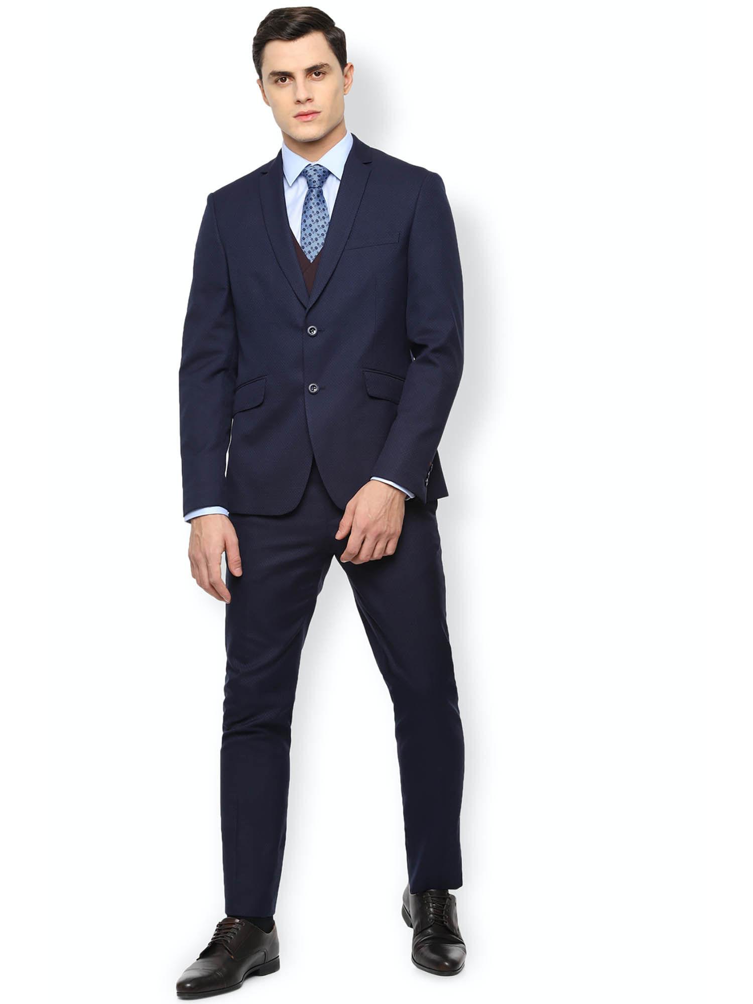 men navy blue textured skinny fit party two piece suit