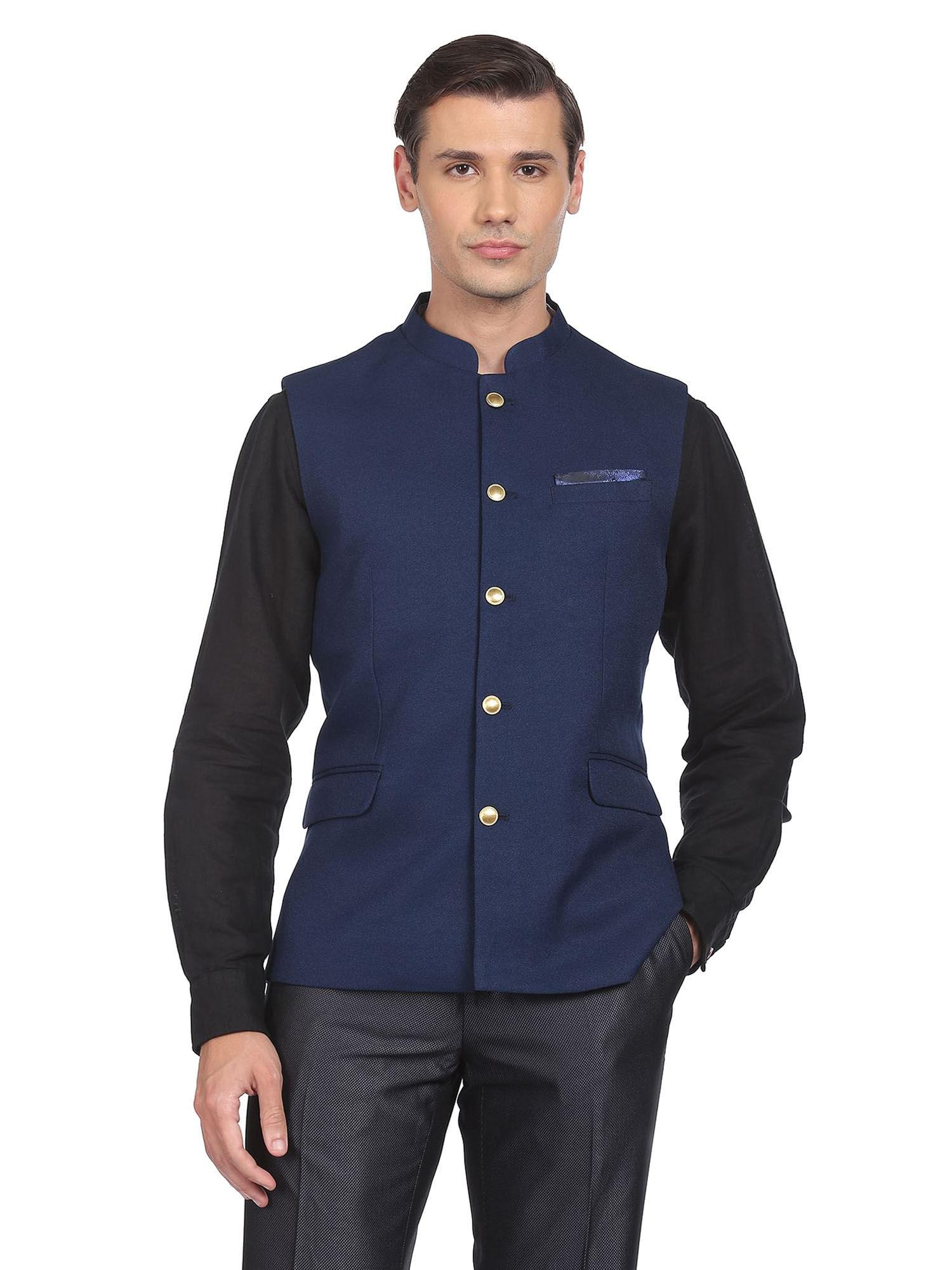 men navy blue textured tailored regular fit nehru jacket