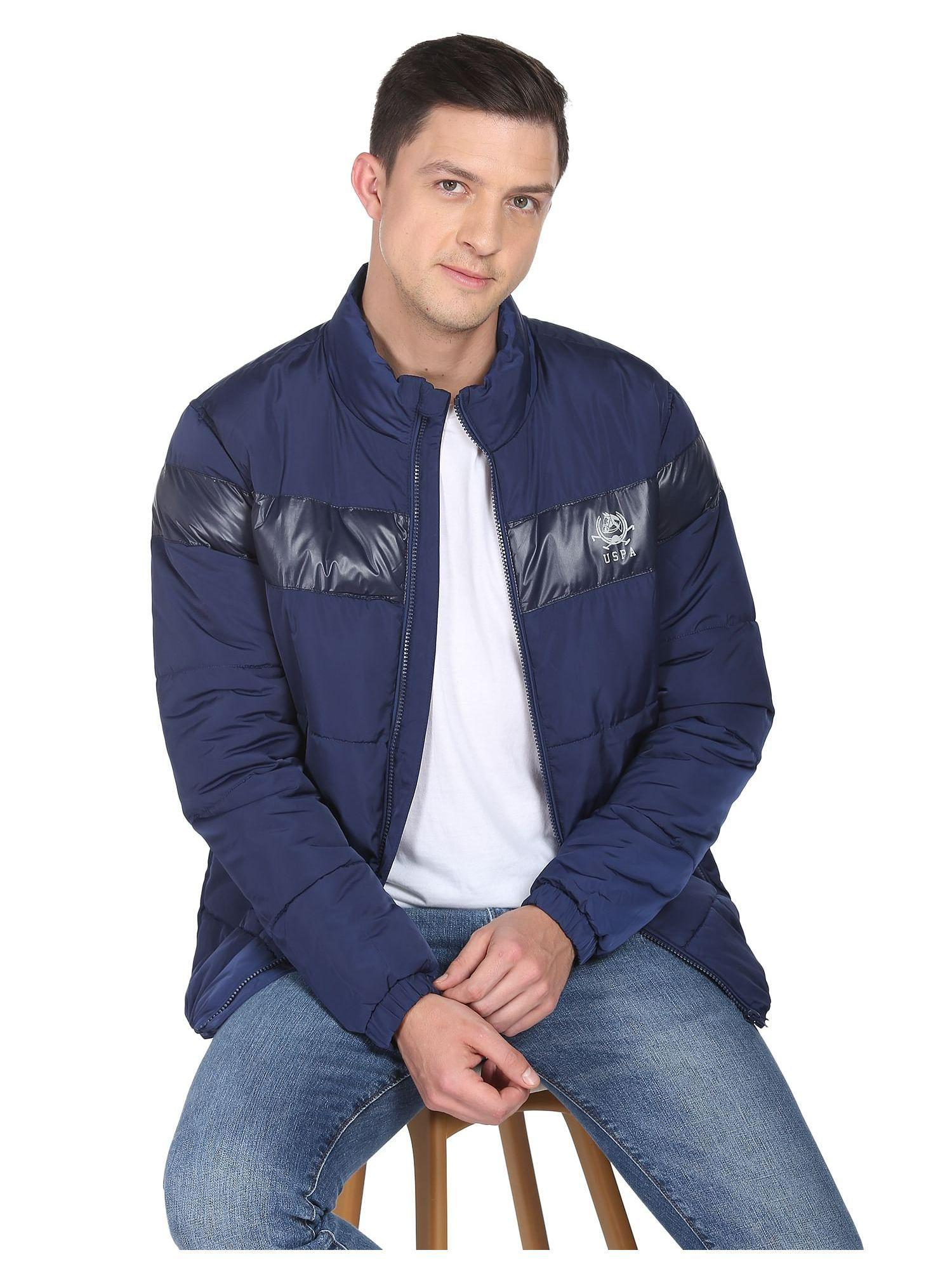 men navy blue tonal solid polyester puffer jacket