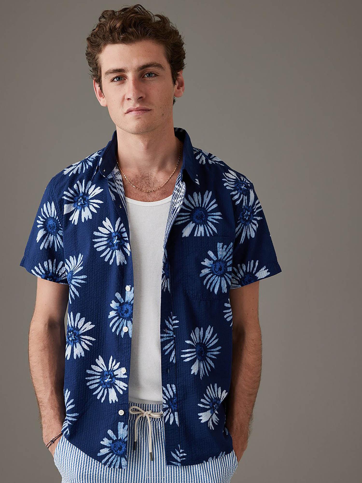 men navy blue tropical button-up resort shirt