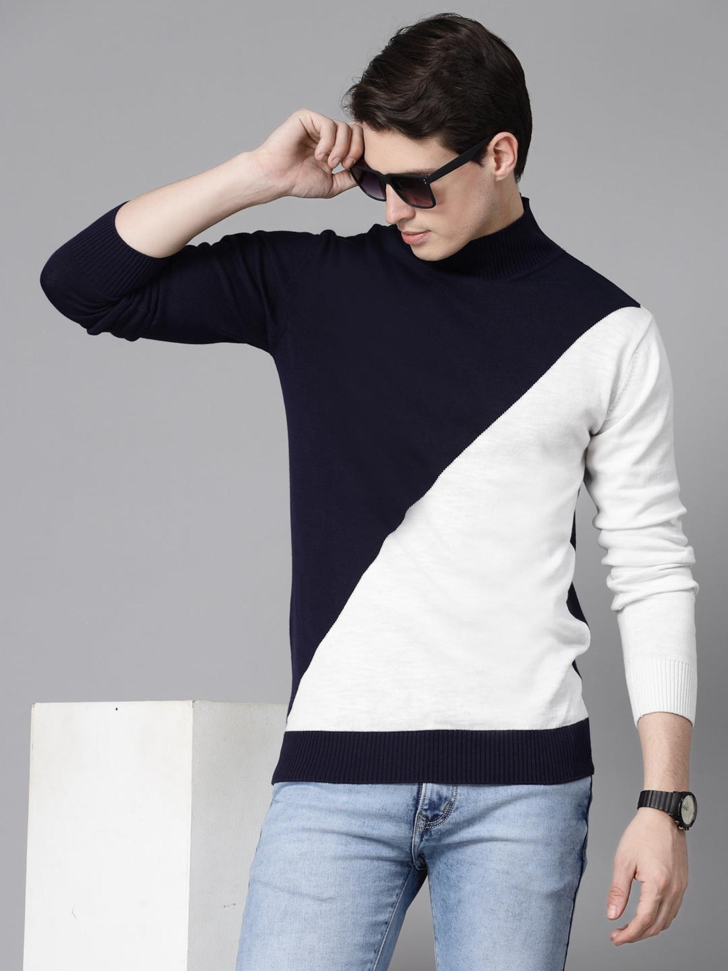 men navy blue white colourblocked pullover sweatshirt