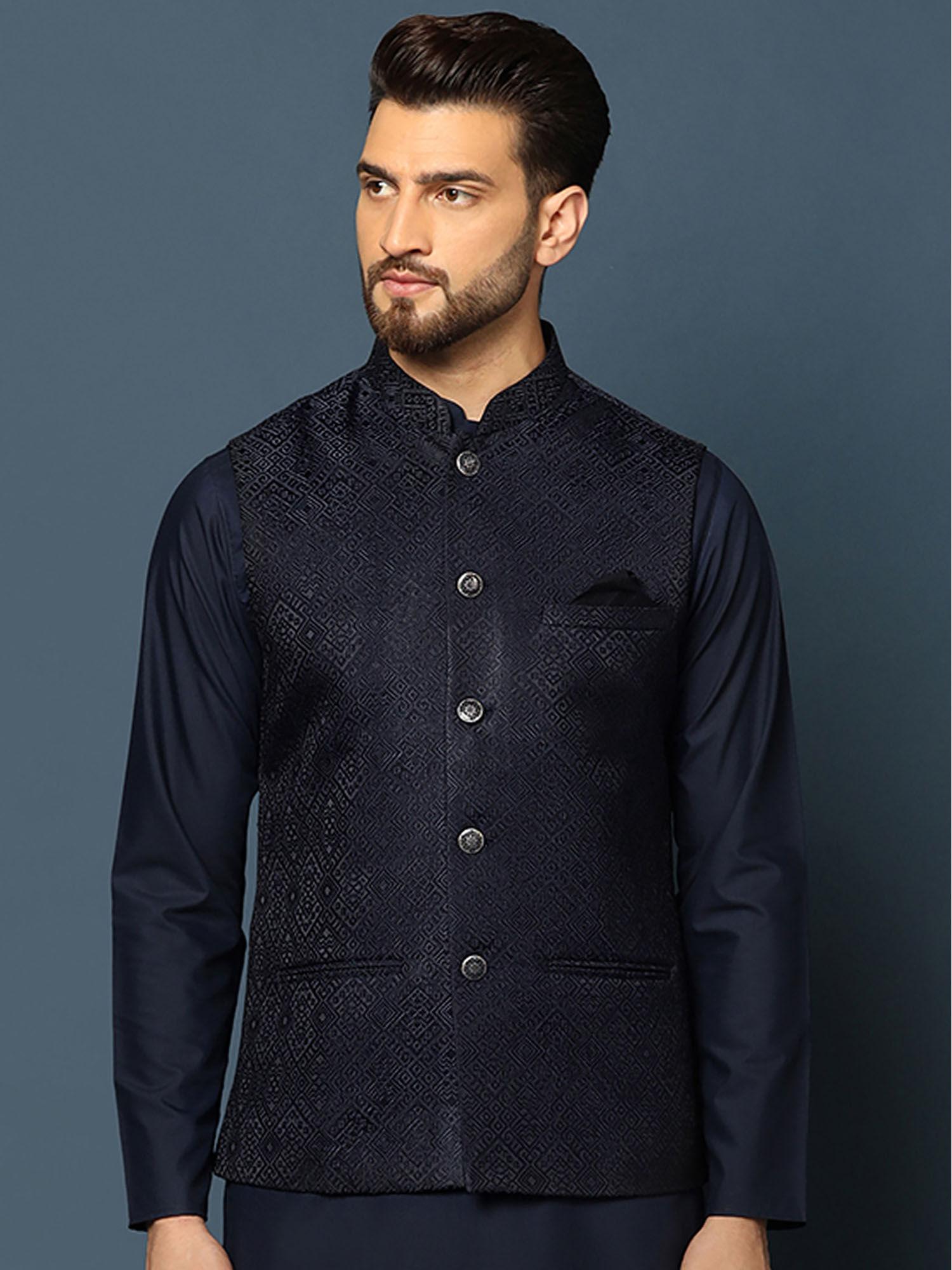 men navy blue woven nehru jacket