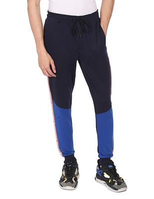 men navy brand tape drawstring waist colour block joggers