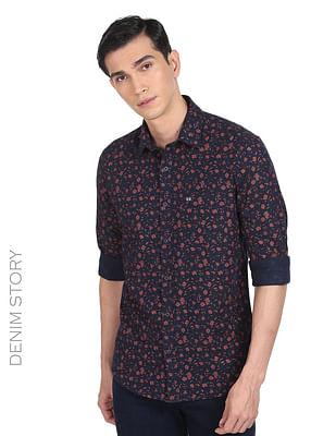 men navy button down collar floral print casual shirt