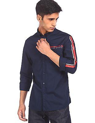 men navy button-down collar solid casual shirt