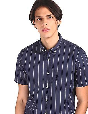 men navy button down stripe casual shirt