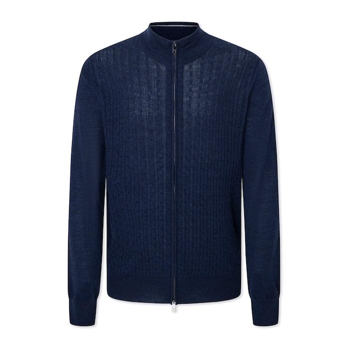 men navy cable stitch knit front-zip cardigan