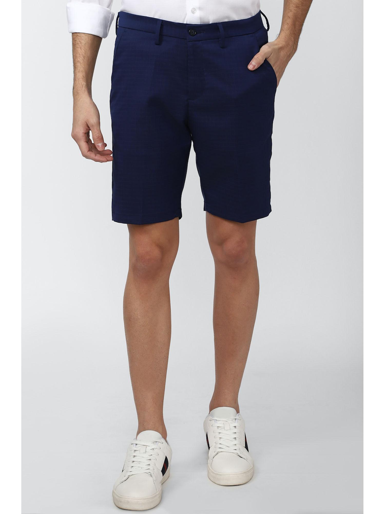 men navy check slim fit casual shorts