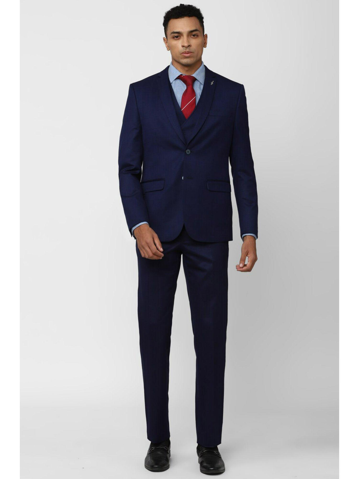 men navy check slim fit formal suit (set of 3)