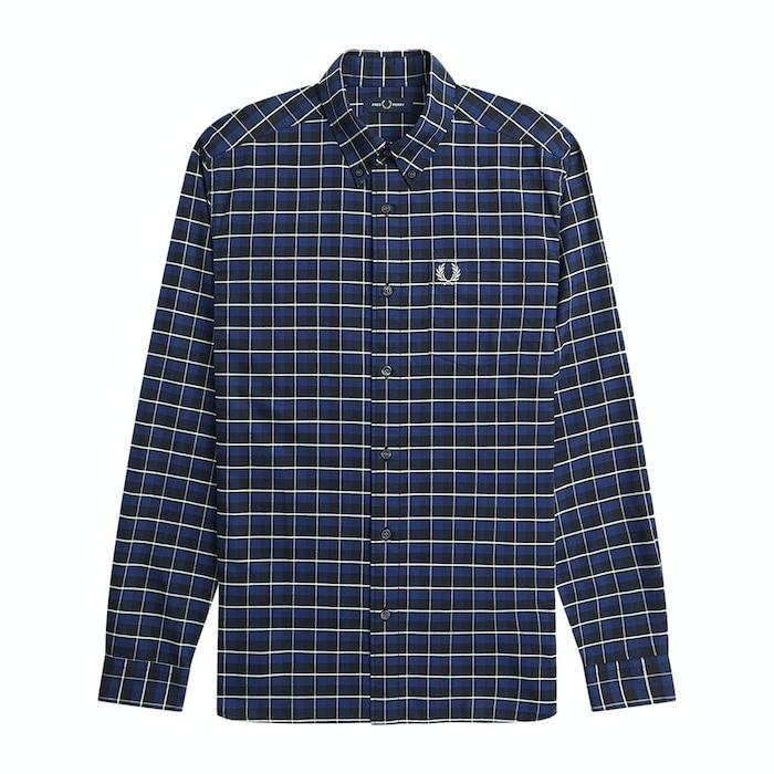 men navy chequered button-down shirt