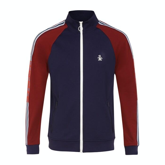 men navy colourblocked front-zipper track jacket