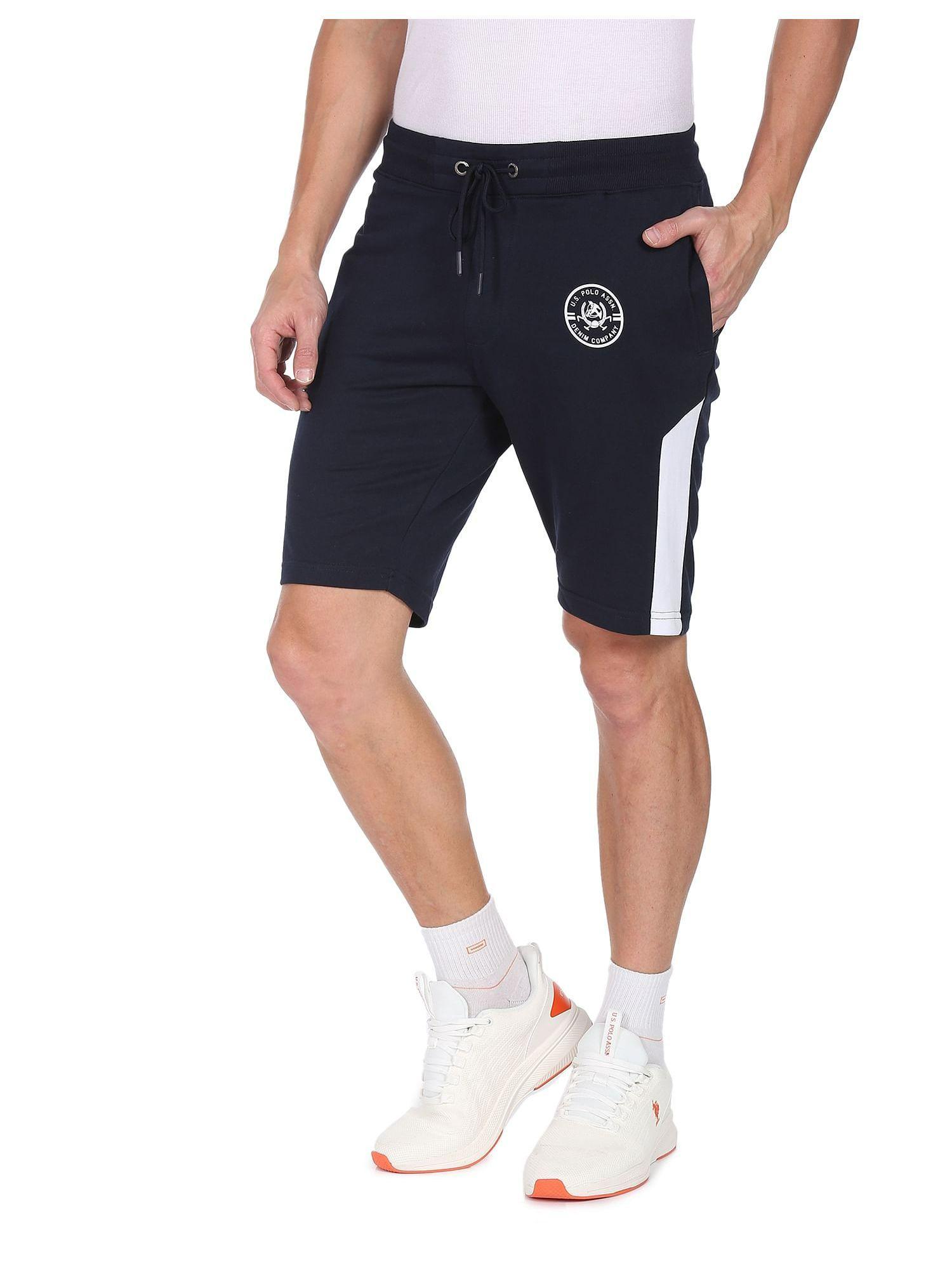 men navy contrast panelled drawstring waist shorts