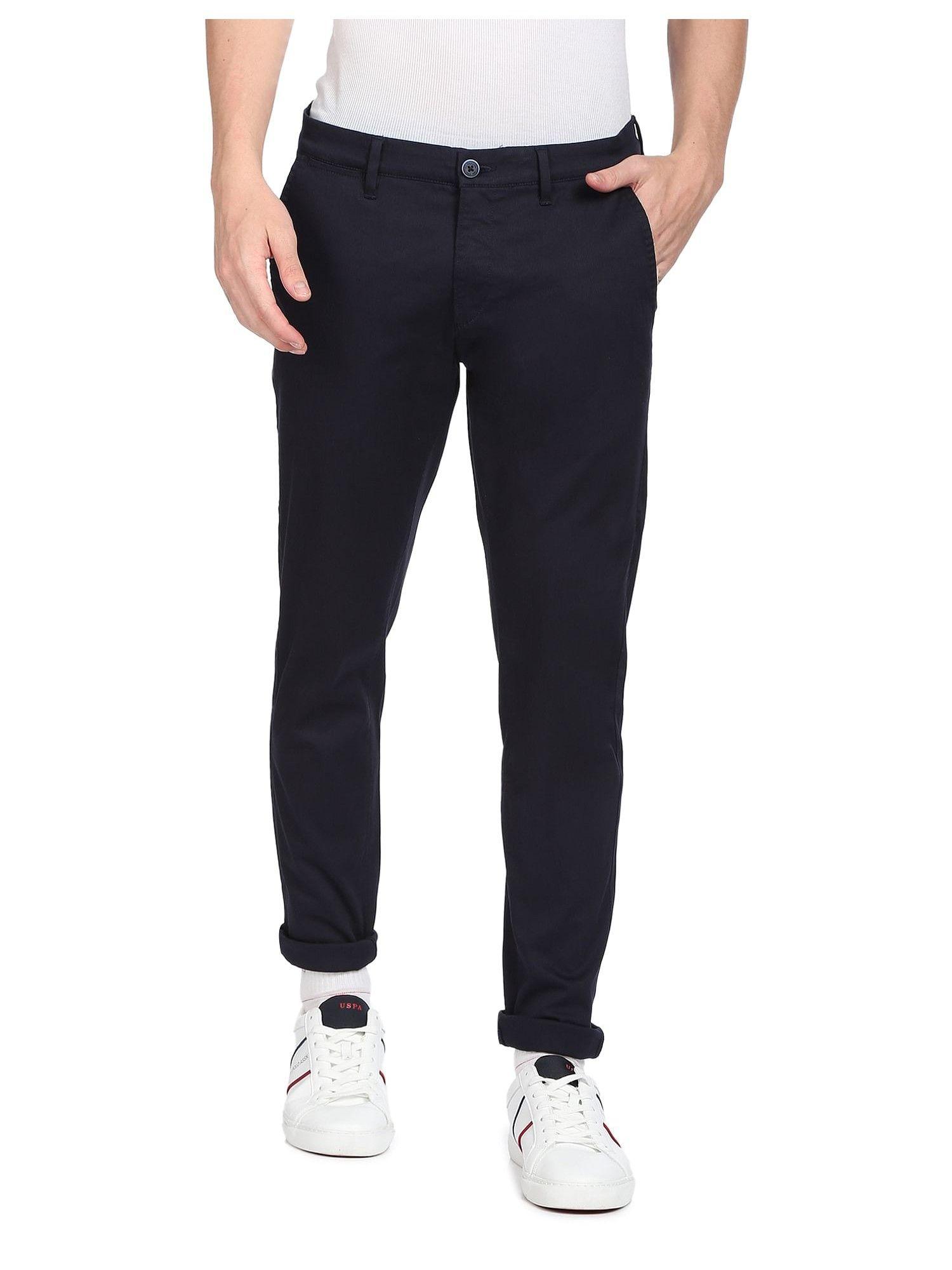 men navy corduroy weave solid casual trousers
