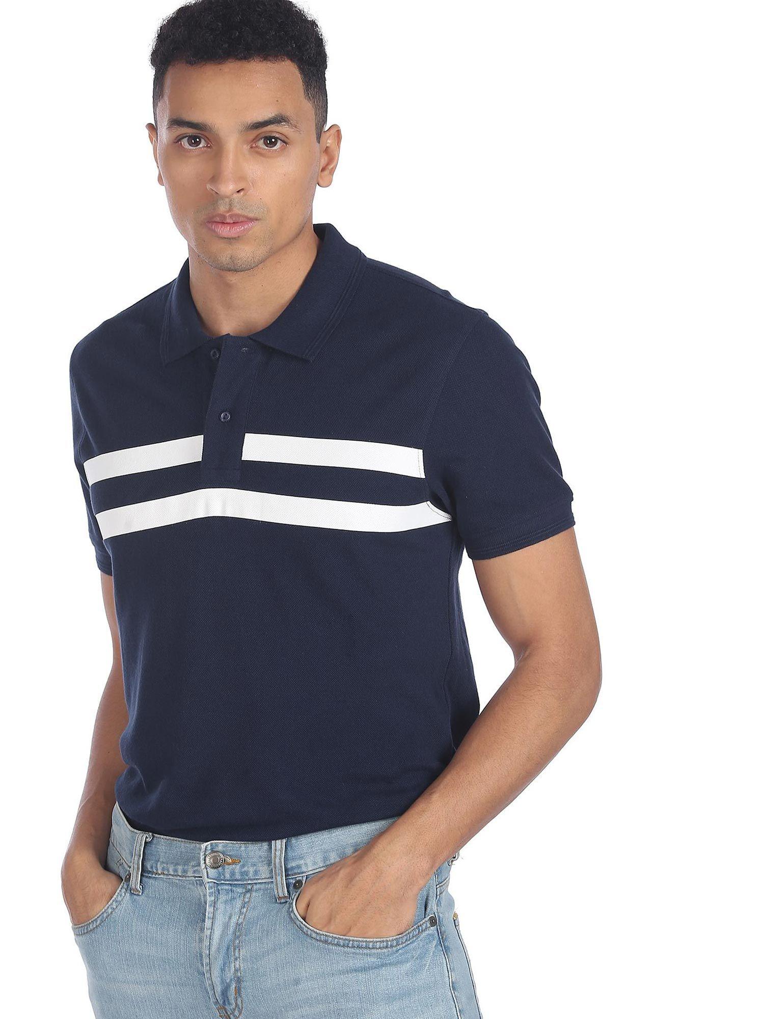 men navy cotton striped polo t-shirt