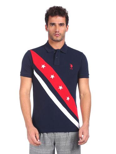 men navy cut and sew panel pique polo shirt