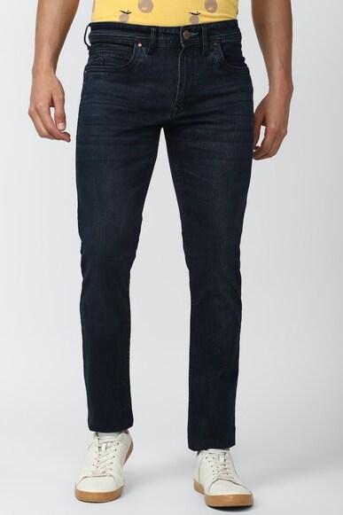 men navy dark wash classic tapered jeans