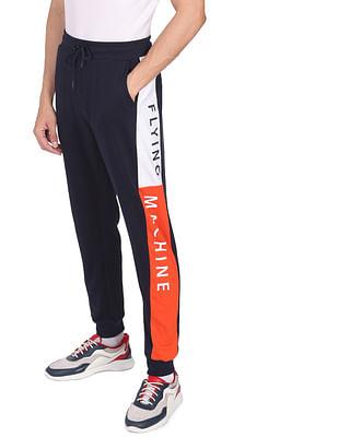 men navy drawstring waist logo contrast panel joggers