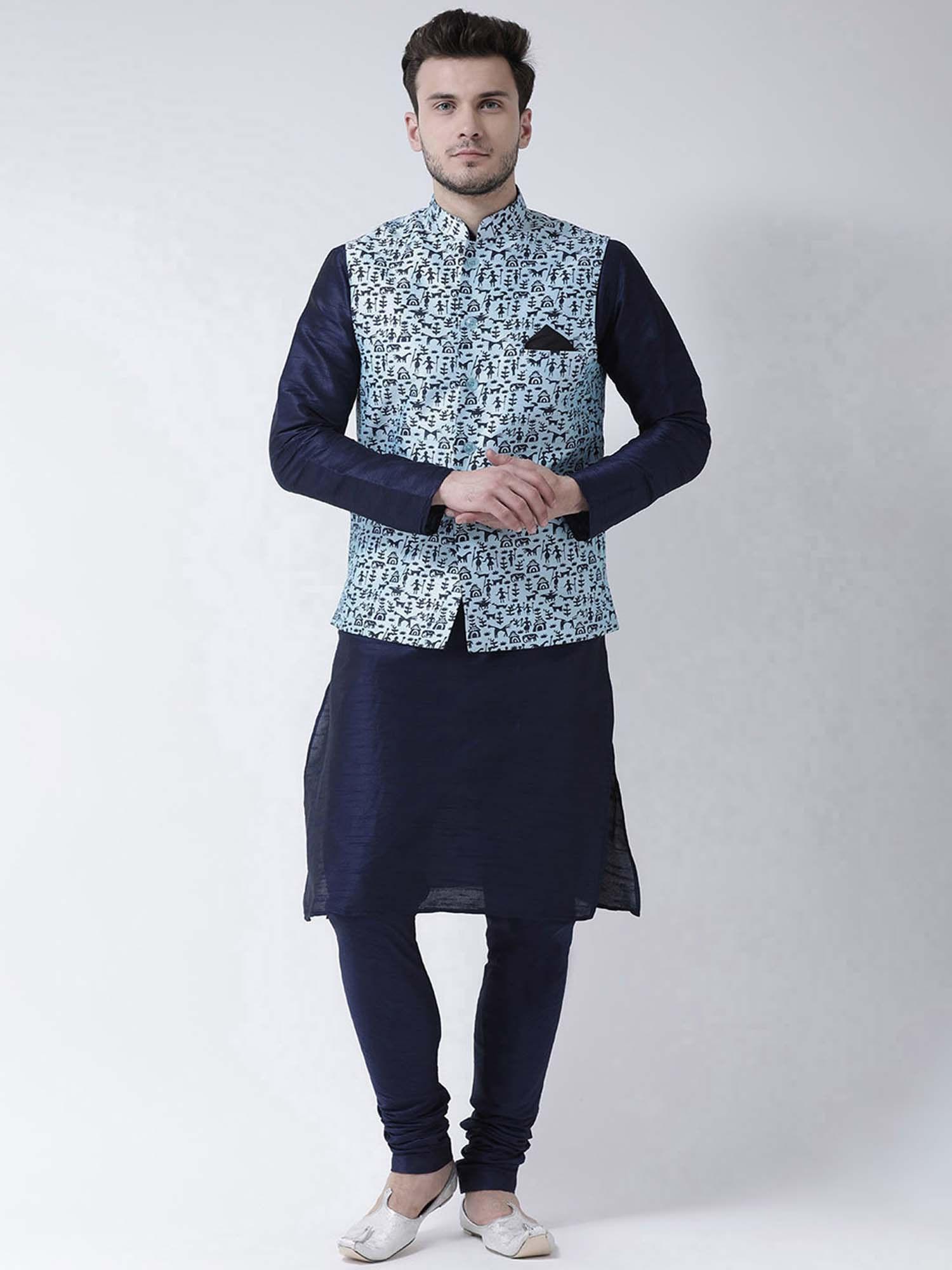 men navy dupion silk printed kurta with pyjama nehru jacket (set of 3)