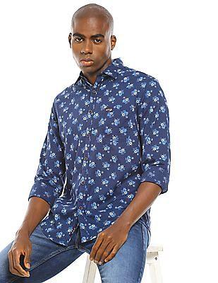 men navy floral print cotton casual shirt