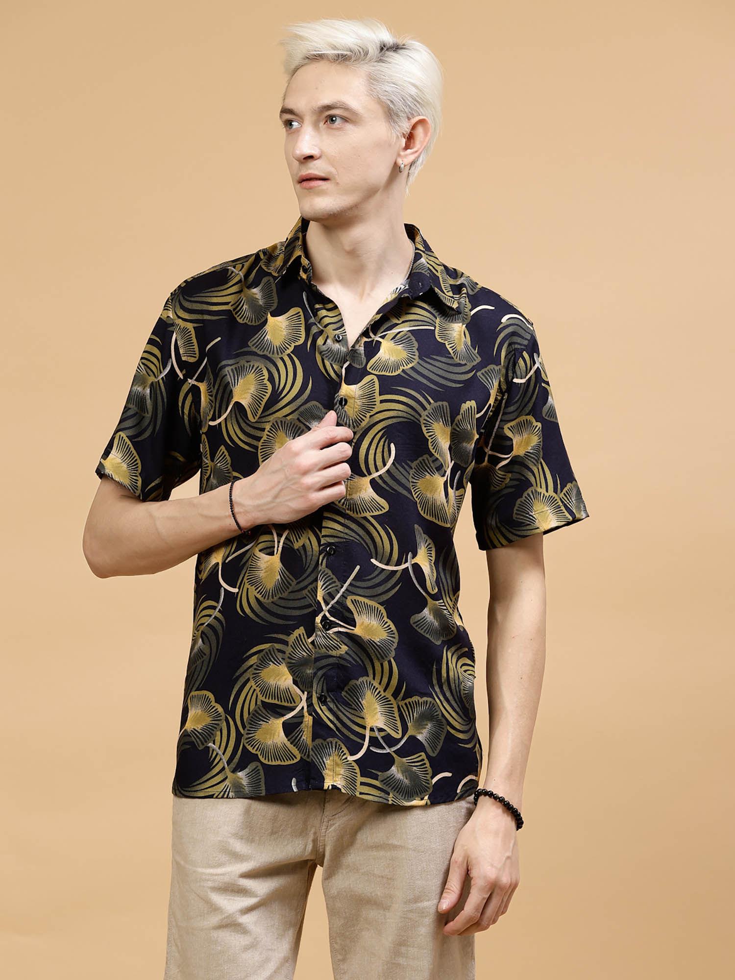 men navy foliage print shirt