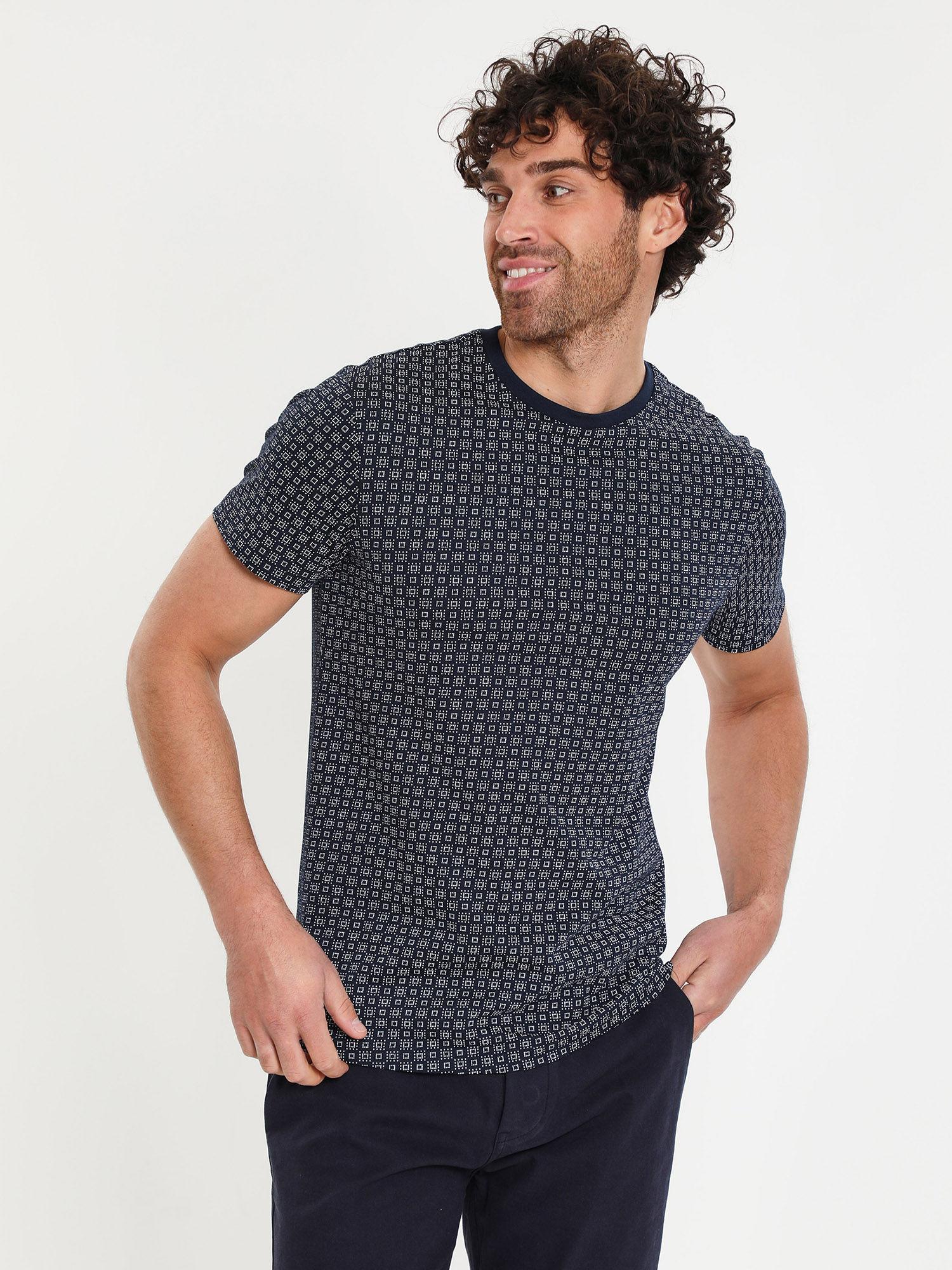 men navy geometric print short sleeve t-shirt