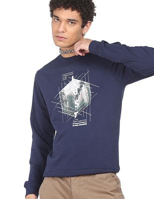 men navy graphic print cotton sweatshirt