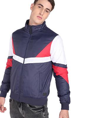 men navy high neck colour block bomber jacket