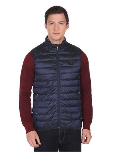 men navy high neck sleeveless packable puffer jacket