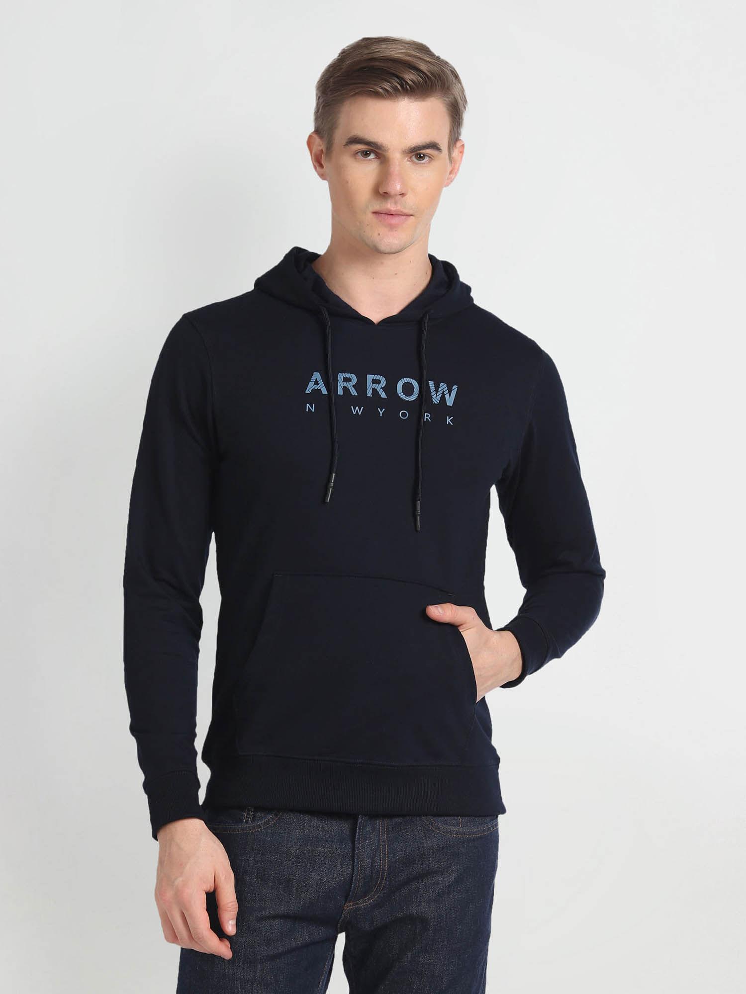 men navy hooded brand print solid sweatshirt