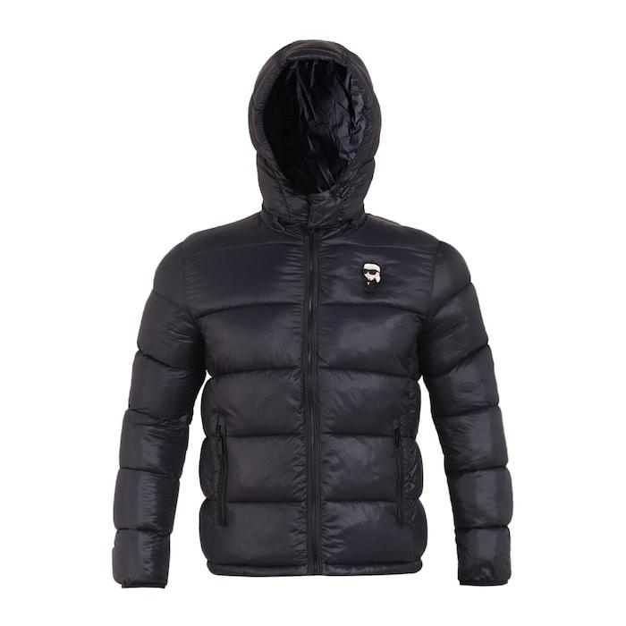 men navy karl chest doll puffer jacket with hoodie